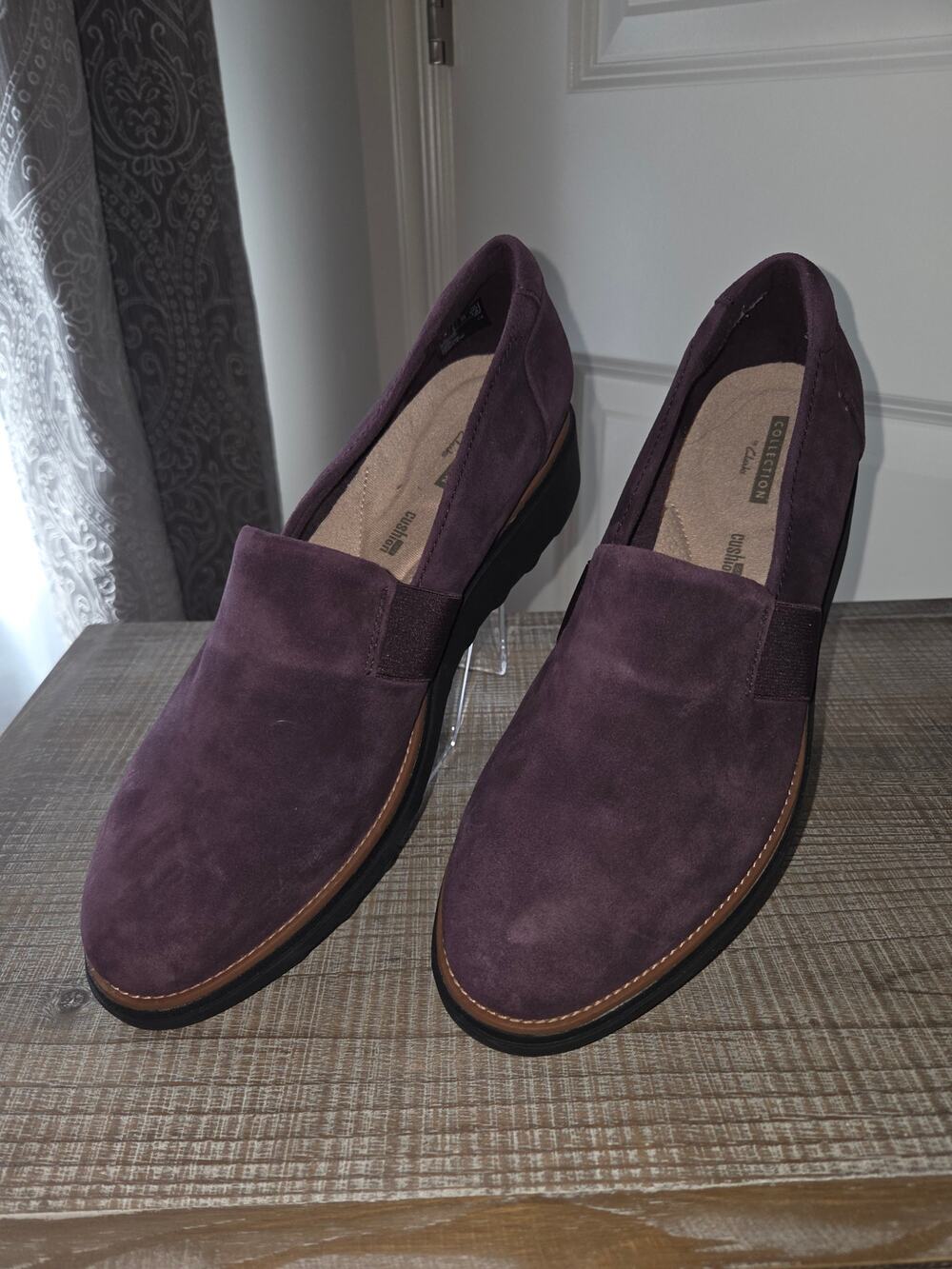 Clark's Sharon Tori Purple Suede Wedge Comfort Loafer OrthoLite Size 9M NIB